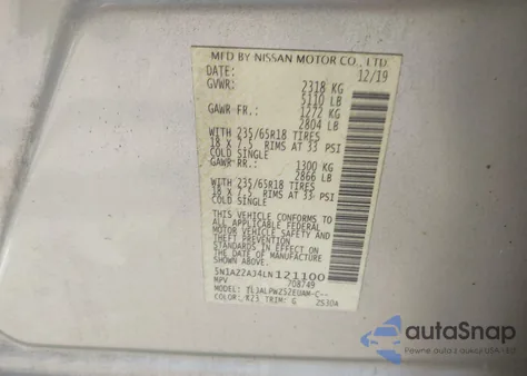 2020 Nissan Murano S Fwd z USA, uszkodzony, nr VIN 5N1AZ2AJ4LN121100